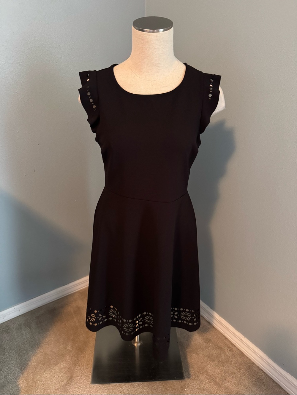 Banana Republic Black Sleeveless A-Line Dress with Laser-Cut Hem and Sleeve